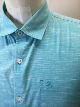 PENGUIN, Turquoise Blue, White, Cotton, Heathered, Turquoise with Textured White Horizontal Streaks, Short Sleeve Button Front, Collar Attached, 1 Pocket, Has a Double