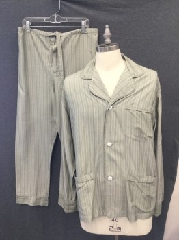 Mens, 1930s Vintage, Pajama Top, P1, MTO, Sage Green, White, Cotton, Stripes, Ch40, 3 Button Single Breasted, 3 Pockets, Self Piping, Notched Lapel