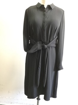 H&M, Black, Polyester, Solid, Hidden 1/2 Placket, Collar Attached, Long Sleeves, Pleated From Waist, Hem Below Knee, Attached Cape Back with Wrap Around Front Belt
