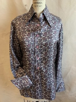 FOX 43, Off White, Gray, Steel Blue, Plum Purple, Lt Brown, Polyester, Paisley/Swirls, Collar Attached, Light Pink Button Front, Long Sleeves with French Cuffs,