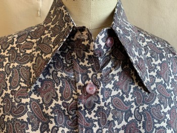 Womens, Blouse, FOX 43, Off White, Gray, Steel Blue, Plum Purple, Lt Brown, Polyester, Paisley/Swirls, M, C:38, Collar Attached, Light Pink Button Front, Long Sleeves with French Cuffs,