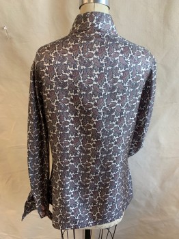 FOX 43, Off White, Gray, Steel Blue, Plum Purple, Lt Brown, Polyester, Paisley/Swirls, Collar Attached, Light Pink Button Front, Long Sleeves with French Cuffs,