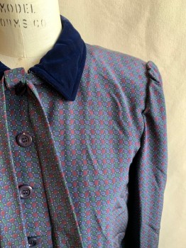 N/L, Navy Blue, Blue, Red Burgundy, Yellow, Silk, Paisley/Swirls, Dots, Button Front, Solid Velvet Navy Collar Attached, Shoulder Pads, Puffy Long Sleeves, Button Cuff, Attached Neck Tie