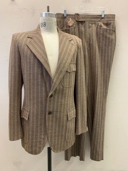 Mens, 1970s Vintage, Suit, Jacket, NL, Dk Brown, Beige, Blue, Wool, Stripes - Vertical , Herringbone, 38L, Notched Lapel, Single Breasted, Button Front, 2 Buttons, 3 Pockets, Multiples, See FC064456