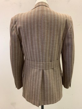 Mens, 1970s Vintage, Suit, Jacket, NL, Dk Brown, Beige, Blue, Wool, Stripes - Vertical , Herringbone, 38L, Notched Lapel, Single Breasted, Button Front, 2 Buttons, 3 Pockets, Multiples, See FC064456