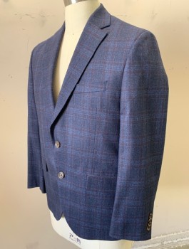 Mens, Sportcoat/Blazer, PROSSIMO, Navy Blue, Red Burgundy, Wool, Plaid - Tattersall, 40S, Single Breasted, Notched Lapel, 2 Buttons, 3 Pockets