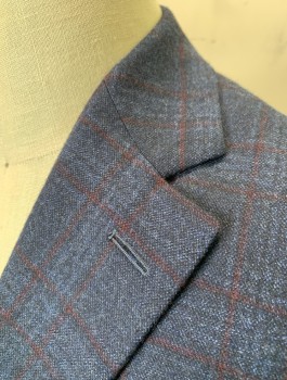 Mens, Sportcoat/Blazer, PROSSIMO, Navy Blue, Red Burgundy, Wool, Plaid - Tattersall, 40S, Single Breasted, Notched Lapel, 2 Buttons, 3 Pockets