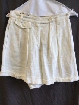 Womens, Shorts, KENAR, Off White, Linen, Solid, W:27, 1" Waistband with Belt Hoops and Small Pocket Flap & 1 Button, 2 Pleat Front, 2 Pockets, Cuff Hem,