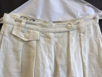 Womens, Shorts, KENAR, Off White, Linen, Solid, W:27, 1" Waistband with Belt Hoops and Small Pocket Flap & 1 Button, 2 Pleat Front, 2 Pockets, Cuff Hem,