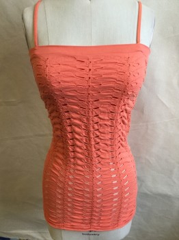 Womens, Top, MARCIANO, Salmon Pink, Nylon, Spandex, Solid, XS, Solid 1" Flat Knit Top Hem, Spaghetti Straps, Oval Cut-out/pucker Vertical Texture,