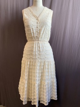 Womens, Dress, Sleeveless, MEADOW RUE, Cream, Cotton, Nylon, Solid, M, Bouclé Scalloped Striped Lace Mesh Over Solid Knit, Fabric Covered Ball Button Front, Elastic Waistband, Hem Below Knee