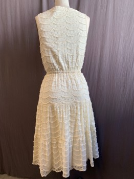 Womens, Dress, Sleeveless, MEADOW RUE, Cream, Cotton, Nylon, Solid, M, Bouclé Scalloped Striped Lace Mesh Over Solid Knit, Fabric Covered Ball Button Front, Elastic Waistband, Hem Below Knee