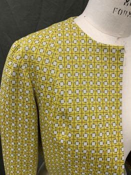 Womens, Jacket, N/L, Yellow, White, Gray, Synthetic, Geometric, Grid , B 36, Knit, Open Front, 3/4 Sleeves, Short,