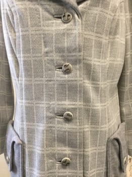 Womens, Coat, TRICOLORAN, Heather Gray, Lt Gray, Synthetic, Plaid-  Windowpane, W 36, B 40, H 42, Notched Lapel, Collar Attached, 2 Pockets, Novelty Buttons