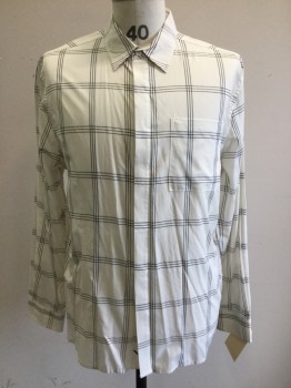 SATURDAYS NYC, Cream, Black, Tencel, Cotton, Plaid, Collar Attached, Covered Button Front, Long Sleeves, 1 Pocket, Slightly Sheer
