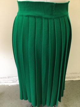 N/L, Green, Wool, Solid, Knit Skirt, Pleated, Elastic Waist, Below Knee Length