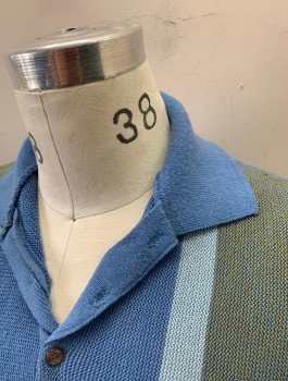 SEARS, Sky Blue, Olive Green, Ochre Brown-Yellow, Lt Blue, Acrylic, Stripes - Vertical , Pull On, Polo Neck, Short Sleeves, Pilling at Collar, Front and Back, Very Light Scmutzing and Aging, Rib Knit Collar Cuffs and Waistband,