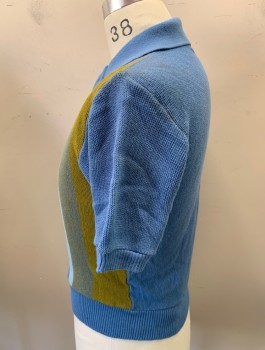 SEARS, Sky Blue, Olive Green, Ochre Brown-Yellow, Lt Blue, Acrylic, Stripes - Vertical , Pull On, Polo Neck, Short Sleeves, Pilling at Collar, Front and Back, Very Light Scmutzing and Aging, Rib Knit Collar Cuffs and Waistband,