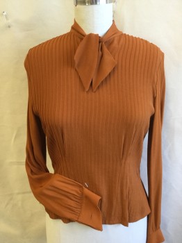 Womens, Blouse, FOX 731, Burnt Orange, Silk, Solid, B:34, (DOUBLE)  Collar Attached with SHORT Self Attached Bow Tie, Vertical Very Thin Pleats Front, Long Sleeves, Self Cover Button Back, Long Sleeves (no Button at Cuff) 1930s-1940s