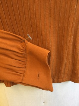 Womens, Blouse, FOX 731, Burnt Orange, Silk, Solid, B:34, (DOUBLE)  Collar Attached with SHORT Self Attached Bow Tie, Vertical Very Thin Pleats Front, Long Sleeves, Self Cover Button Back, Long Sleeves (no Button at Cuff) 1930s-1940s
