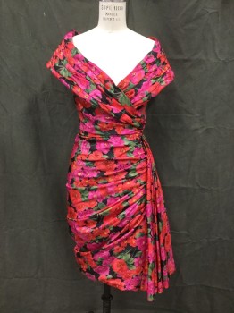 Womens, Cocktail Dress, VICTOR COSTA, Red, Fuchsia Pink, Black, Green, Yellow, Polyester, Floral, W 26, B 34, H34, V-neck, 2" Wide Straps with Stretch, Gathered Crossover Shawl-like Overlay Off the Shoulder, Side Zip, Skirt Pleat Draped Left Hip Panel, Horizontal Gathered and Pleats Under Panel, Back Skirt Horizontal Pleats at Left Side Seam