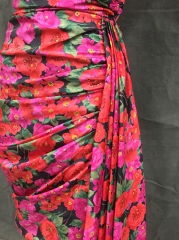Womens, Cocktail Dress, VICTOR COSTA, Red, Fuchsia Pink, Black, Green, Yellow, Polyester, Floral, W 26, B 34, H34, V-neck, 2" Wide Straps with Stretch, Gathered Crossover Shawl-like Overlay Off the Shoulder, Side Zip, Skirt Pleat Draped Left Hip Panel, Horizontal Gathered and Pleats Under Panel, Back Skirt Horizontal Pleats at Left Side Seam