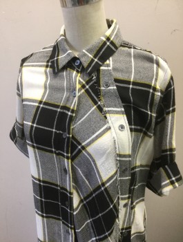 Womens, Dress, Short Sleeve, PUBLIC SCHOOL, Black, Cream, Yellow, Viscose, Wool, Plaid, Sz.6, Abstract 2 Button Plackets, 1 is Diagonal and Non Functional, Short Cuffed Sleeves, Collar Attached, Shift Dress, Hem Above Knee