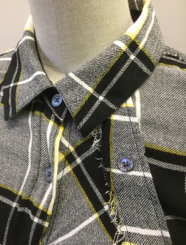 Womens, Dress, Short Sleeve, PUBLIC SCHOOL, Black, Cream, Yellow, Viscose, Wool, Plaid, Sz.6, Abstract 2 Button Plackets, 1 is Diagonal and Non Functional, Short Cuffed Sleeves, Collar Attached, Shift Dress, Hem Above Knee
