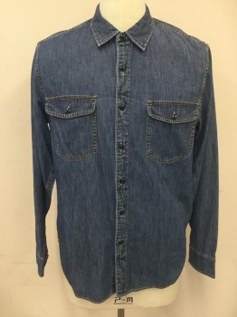 J. CREW, Denim Blue, Cotton, Solid, Button Front, Collar Attached, Long Sleeves, 2 Flap Pockets