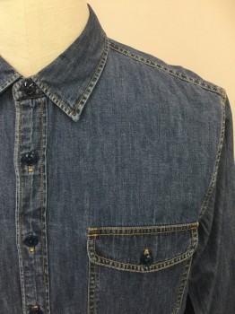 J. CREW, Denim Blue, Cotton, Solid, Button Front, Collar Attached, Long Sleeves, 2 Flap Pockets