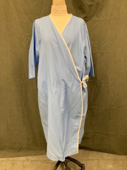 Unisex, Patient Robe, MEDLINE, French Blue, White, Poly/Cotton, Solid, O/S, French Blue with White Trim, Cross Over Tie Front with Interior Tie, Short Sleeves, Below Knee