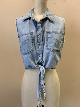 UNTIY, Denim Blue, Cotton, Solid, Button Front, Cropped, Self Tie Waist, Collar Attached, Sleeveless, 2 Pockets,