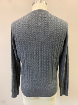 Mens, Pullover Sweater, JOS A. BANKS, Heather Gray, Cashmere, Cable Knit, L, Diamond Knit Down Center, Ribbed Knit Crew Neck, Brown Ribbed Knit Under Collar
