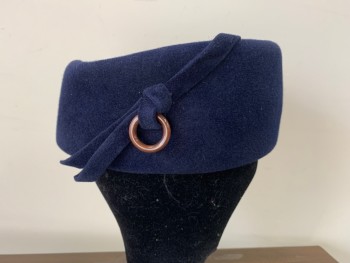 PEACHBLOOM VELOUR, Navy Blue, Solid, Fur Felt, Bumper Hat, Little Self Bow with Brown Plastic Ring,