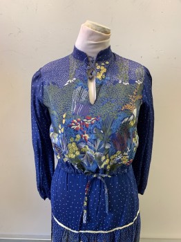 Womens, 1970s Vintage, Top, FAIR GIRL, Navy Blue, White, Lt Blue, Green, Lt Yellow, Rayon, Floral, Leaves/Vines , M, Mandarin Collar, Thin Rope Neck Tie Attached, Key Hole at Center Front, L/S, Drawstring at Waist