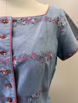 KAY WINDSOR, Lt Blue, Multi-color, Cotton, Floral, Square Neck, S/S, Side Zipper, Pleated Skirt, 9 Clear Pink Buttons with White Rhinestone, Pink and White Floral Print, Pink Pipe Trim *One White Rhinestone Missing From Bttn*