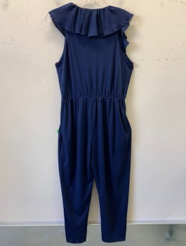 Womens, Jumpsuit, JOY STEVENS, Navy Blue, Polyester, Solid, W:28, B:34, H:40, Sleeveless, Surplice V-Neck with Ruffled Edge and Flutter "Sleeves", Gathered Waist, Tapered Leg, Disco