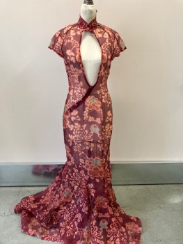 Womens, Evening Gown, N/L, Red Burgundy, Terracotta Brown, Emerald Green, Brown, Organza/Organdy, Floral, W:26, B:34, H:36, C.A.,  Sleeves, Stand Collar,  Open Cutout at CF Bust, 2 Tiny Snap Closures at CF Neck, Hidden Tiny Snaps at Side Asymmetrical Closure to Hip, Floor Length Hem, Bias Cut Godets Near Hem
