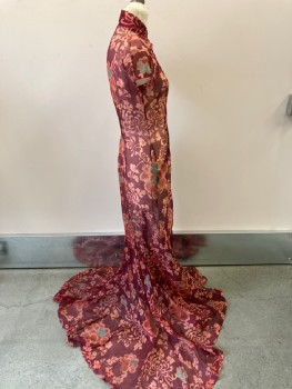 Womens, Evening Gown, N/L, Red Burgundy, Terracotta Brown, Emerald Green, Brown, Organza/Organdy, Floral, W:26, B:34, H:36, C.A.,  Sleeves, Stand Collar,  Open Cutout at CF Bust, 2 Tiny Snap Closures at CF Neck, Hidden Tiny Snaps at Side Asymmetrical Closure to Hip, Floor Length Hem, Bias Cut Godets Near Hem