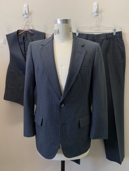 Mens, 1970s Vintage, Suit, Jacket, CHRISTIAN DIOR, Blue-Gray, White, Wool, Stripes - Vertical , 38S, 2 Button, Flap Pocket, Single Vent
