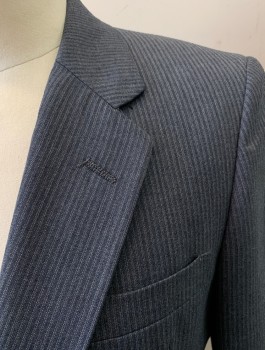 Mens, 1970s Vintage, Suit, Jacket, CHRISTIAN DIOR, Blue-Gray, White, Wool, Stripes - Vertical , 38S, 2 Button, Flap Pocket, Single Vent