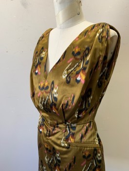 Womens, Dress, Sleeveless, FRENCH CONNECTION, Ochre Brown-Yellow, Black, Pink, White, Mustard Yellow, Silk, Cotton, Abstract , S, Satin, Plunging V-neck, Gathered at Shoulders, Hem Mini,  2 Gold Zipper Pockets at Hips, Exposed Gold Zipper Down Center Back