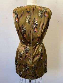 Womens, Dress, Sleeveless, FRENCH CONNECTION, Ochre Brown-Yellow, Black, Pink, White, Mustard Yellow, Silk, Cotton, Abstract , S, Satin, Plunging V-neck, Gathered at Shoulders, Hem Mini,  2 Gold Zipper Pockets at Hips, Exposed Gold Zipper Down Center Back