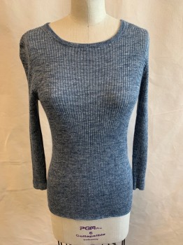 Womens, Top, J CREW, Lt Blue, Dk Blue, White, Linen, Polyester, Heathered, S, Round Neck,  Long Sleeves, Ribbed