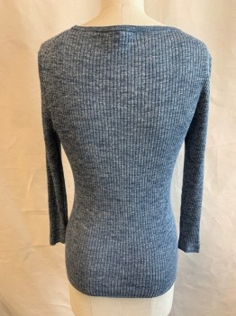 Womens, Top, J CREW, Lt Blue, Dk Blue, White, Linen, Polyester, Heathered, S, Round Neck,  Long Sleeves, Ribbed