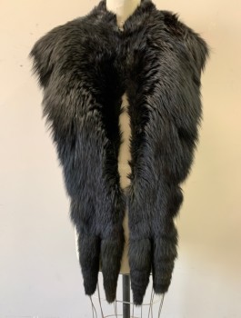 Womens, Fur, COVERT, Black, Fur, Solid, Fur Stole, Hanging Tails at Ends, Black Silk Satin Lining,