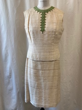 Womens, 1960s Vintage, Piece 2, ADELE MARTINI, Beige, Lt Brown, Off White, Wool, Stripes - Horizontal , 6, Top, Green Embroidery Along Neckline & Down Center Creating a Faux Button Placket, Faux Buttons, Zip Back