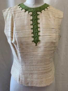 Womens, 1960s Vintage, Piece 2, ADELE MARTINI, Beige, Lt Brown, Off White, Wool, Stripes - Horizontal , 6, Top, Green Embroidery Along Neckline & Down Center Creating a Faux Button Placket, Faux Buttons, Zip Back