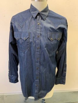 Mens, Western, ROCKMOUNT, Indigo Blue, Tencel, L, Denim, Tan Top Stitching, L/S, Square Snaps, Collar Attached, 2 Pockets With Zig Zagged Flaps, Western Style Yoke