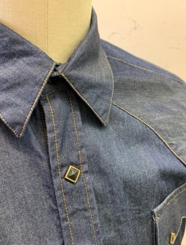 Mens, Western, ROCKMOUNT, Indigo Blue, Tencel, L, Denim, Tan Top Stitching, L/S, Square Snaps, Collar Attached, 2 Pockets With Zig Zagged Flaps, Western Style Yoke